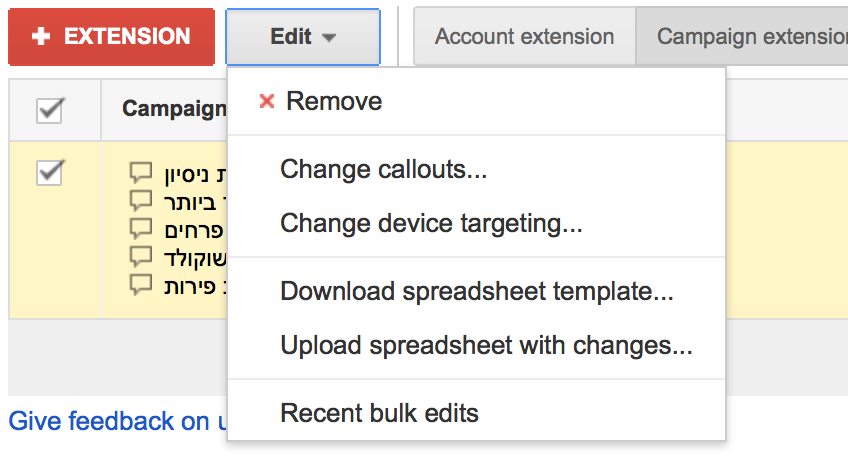 change adwords axtensions in bulk