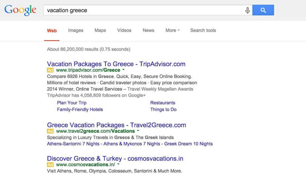 adwords results greece vacation