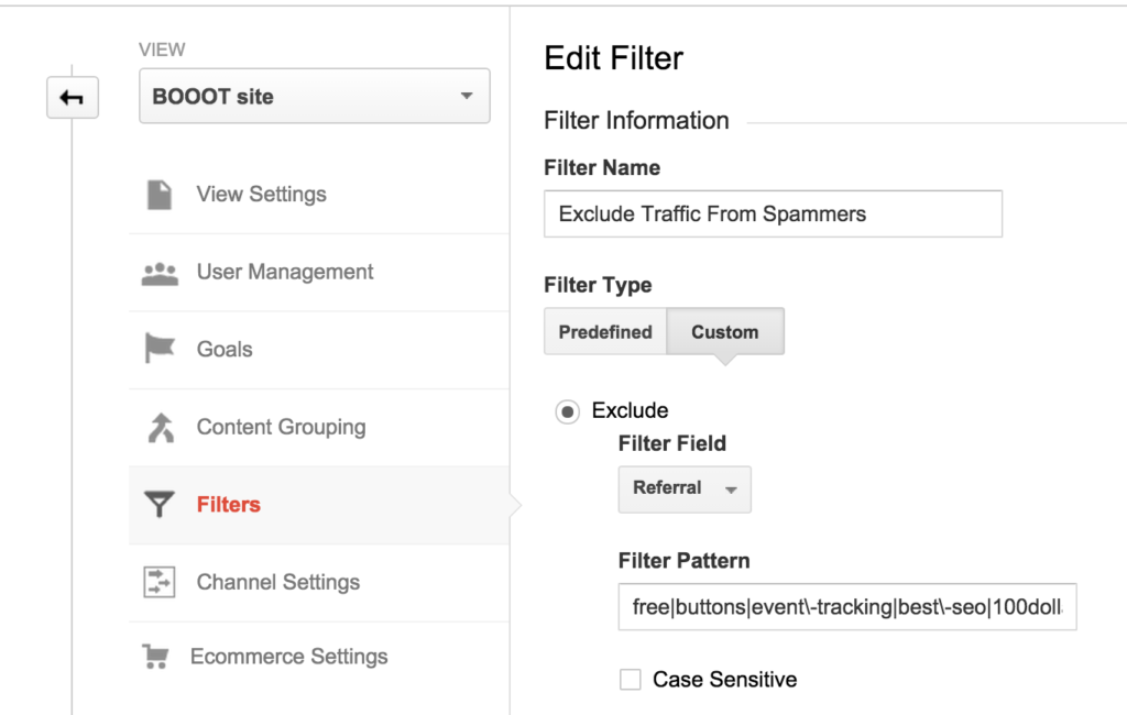 exclude spammers referals google analytics