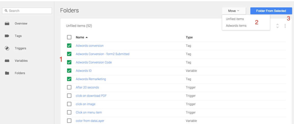 google tag manager folders 2