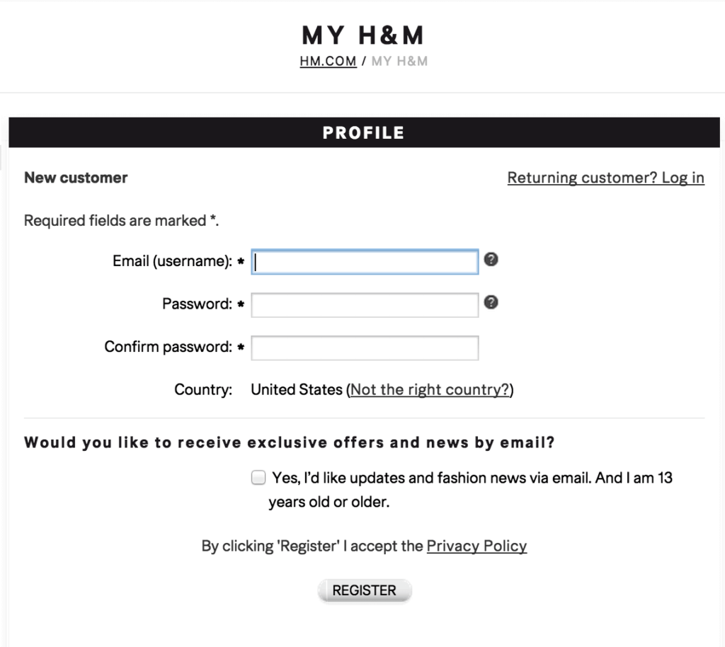 H&M registration form